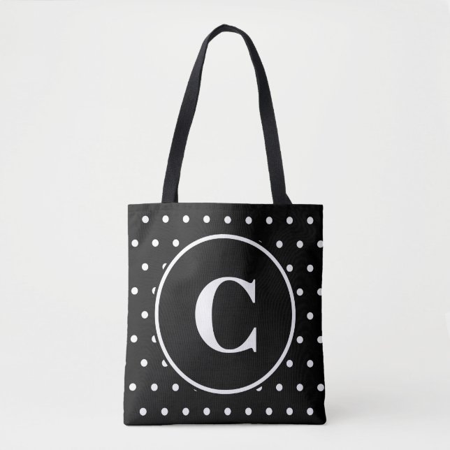 Monogram Chic Black White Polka Dots Tote Bag (Front)