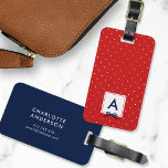 Monogram Chic Blue Ribbon Red Polka Dot Luggage Tag<br><div class="desc">Travel in style with this chic monogram luggage tag featuring a red bordered square with a blue ribbon against a red and white polka dot pattern. Personalise it by replacing the placeholder text. For more options such as to change the font and it's size/colour or the spacing between letters click...</div>