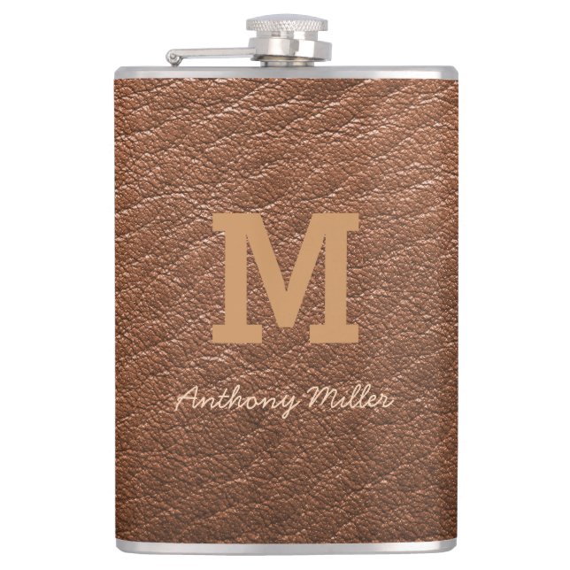 Monogram Chic Brown Leather Name Script Modern Hip Flask (Front)