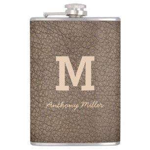 Monogram Chic Brown Leather Name Script Modern Hip Flask