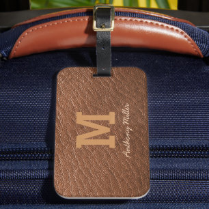 Monogram Chic Brown Leather Name Script Modern Luggage Tag
