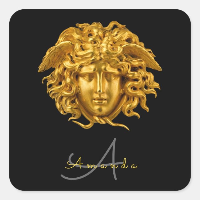 Monogram Chic Elegant Couture Gold Medusa Mask Square Sticker (Front)