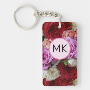 Monogram Chic Floral Pink and Red Flowers Key Ring