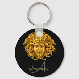 Monogram Chic French Gold Medusa Mask Black Key Ring
