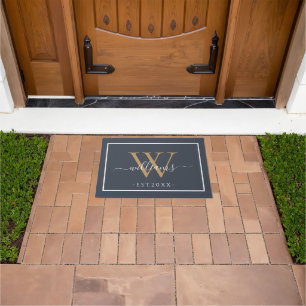 Monogram Chic Gold Script Names Wedding Dark Blue Doormat