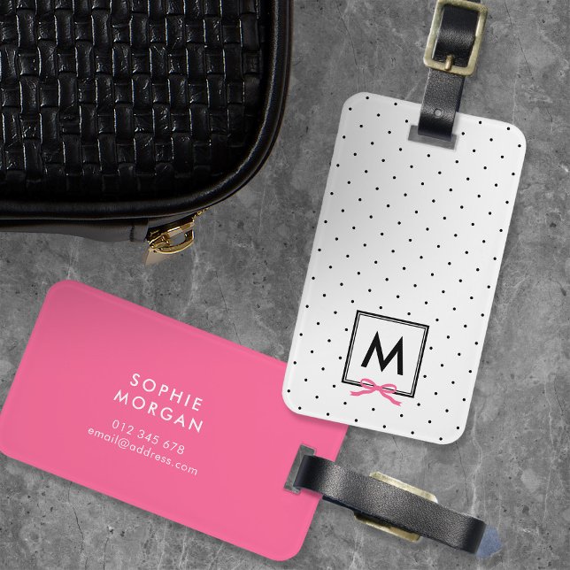 Monogram Chic Pink Ribbon Polka Dot Luggage Tag (Creator Uploaded)
