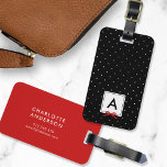 Monogram Chic Red Ribbon Polka Dot Black Luggage Tag<br><div class="desc">Travel in style with this chic monogram luggage tag featuring a black bordered square with a red ribbon against a black and white polka dot pattern. Personalise it by replacing the placeholder text. For more options such as to change the font and it's size/colour or the spacing between letters click...</div>