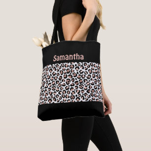Monogram Chic Rose Gold and Black Leopard Print Tote Bag