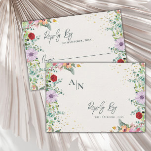 Monogram Chic Watercolor Wildflower Floral Wedding RSVP Card