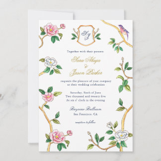 Monogram Chinoiserie Border with Crest Wedding Invitation