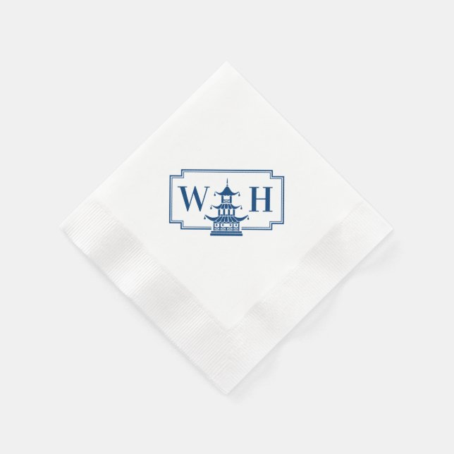 Monogram Chinoiserie Pagoda Diagonal Navy Napkins (Corner)