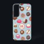 Monogram Chocolate Candy Confectionery Samsung Galaxy Case<br><div class="desc">Delicious chocolate and candy confectionery pattern on a duck egg blue background full of sweet treats and temptations!  Change the monogram initial to customise.</div>