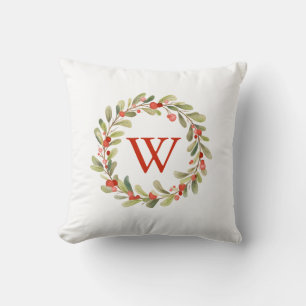 Monogram Christmas Berry Wreath Cushion