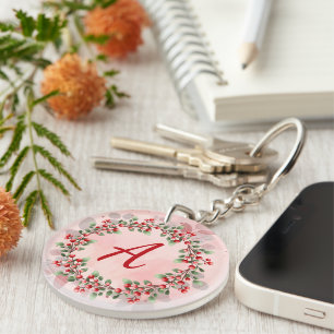 Monogram Christmas Berry Wreath Key Ring