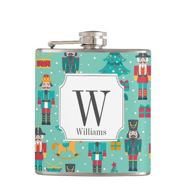 Monogram Christmas Festive Nutcracker Hip Flask (Front)