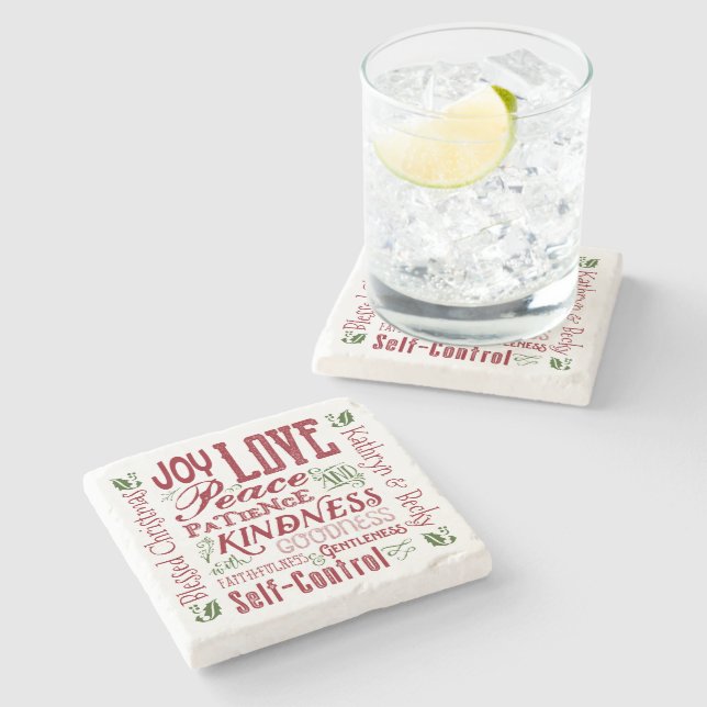 Monogram Christmas Fruit of the Spirit Red Green Stone Coaster (Side)