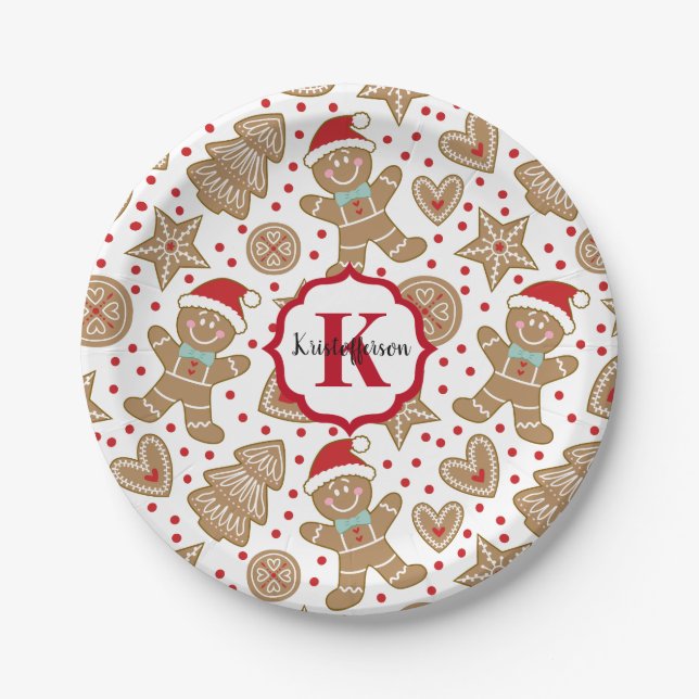 Monogram Christmas Gingerbread Man Paper Plate (Front)