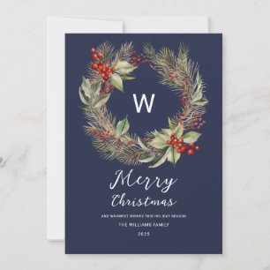 Monogram Christmas Greenery Wreath on Navy Blue Holiday Card
