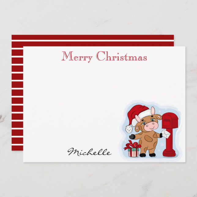 Monogram Christmas Holiday Cute Cow Personalised Card (Front/Back)