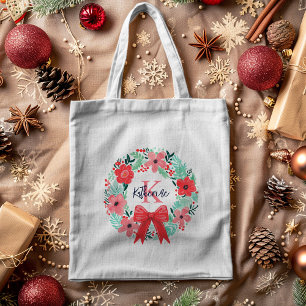 Monogram Christmas Holiday Red Pink Floral Wreath  Tote Bag