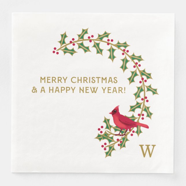 Monogram Christmas Holly and Berries Paper Napkin (Front)