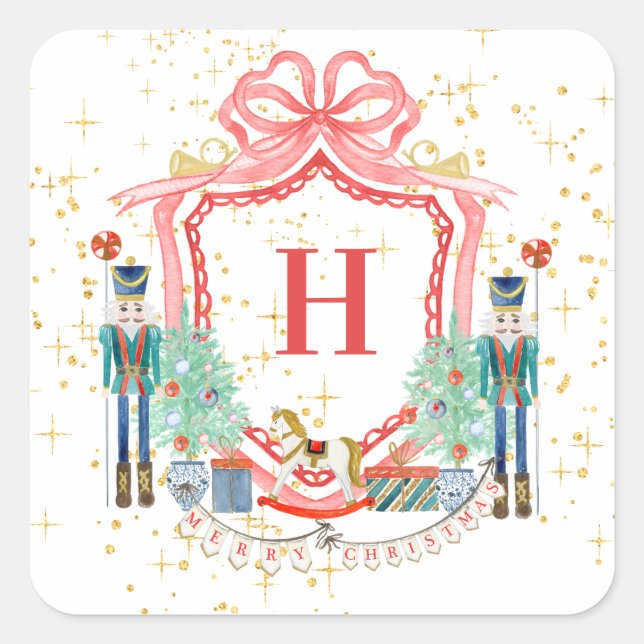 Monogram Christmas Nutcracker Crest Square Paper  Sticker (Front)