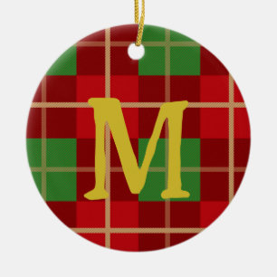 Monogram Christmas Plaid Red And Green Chequered Ceramic Tree Decoration