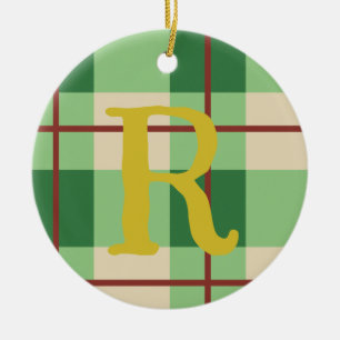 Monogram Christmas Plaid Red And Green Chequered Ceramic Tree Decoration