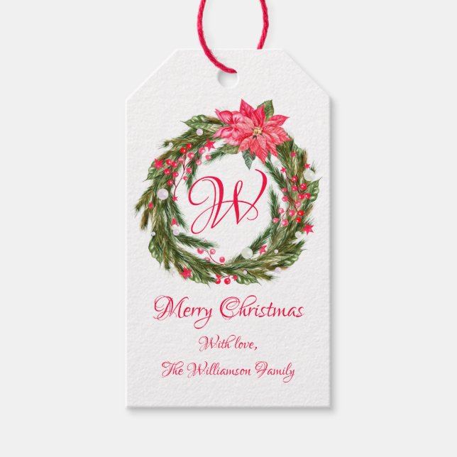 Monogram Christmas Poinsettia Wreath Gift Tags (Front)