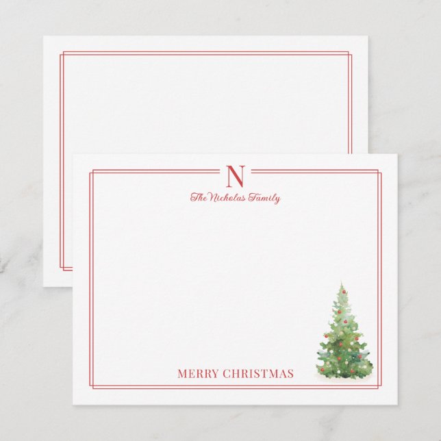 Monogram Christmas Tree Red Border Stationery Card (Front/Back)