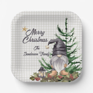 Monogram Christmas Watercolor Gnome Apron Paper Plate