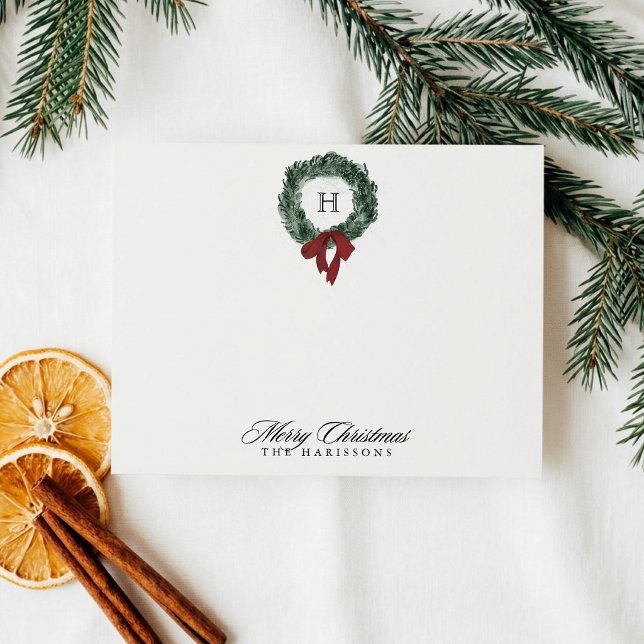 Monogram Christmas Wreath Burgundy Bow Note Card (Creator Uploaded)