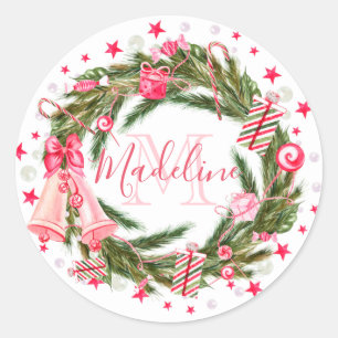 Monogram Christmas Wreath Classic Round Sticker