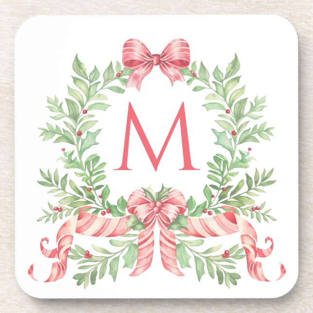 Monogram Christmas Wreath Coaster (Front)