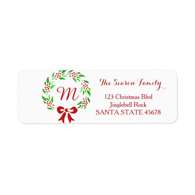 Monogram  Christmas wreath Holiday Address Label (Front)
