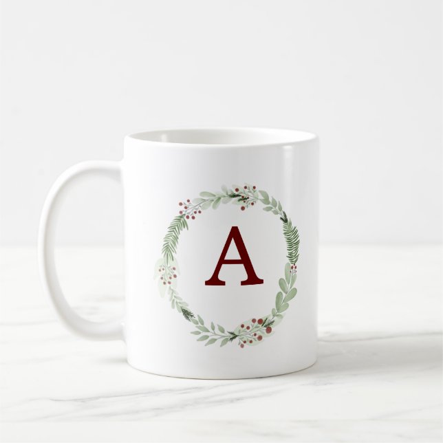 Monogram Christmas Wreath Holiday Gift Coffee Mug (Left)