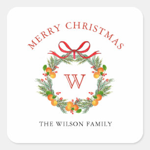 Monogram Christmas wreath Holiday Square Sticker