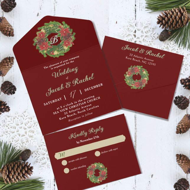 Monogram Christmas Wreath Poinsettias Red Wedding All In One Invitation (Creator Uploaded)