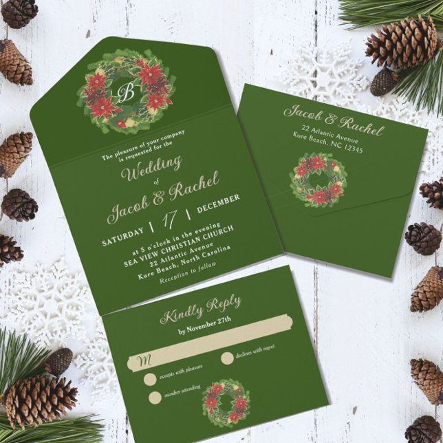 Monogram Christmas Wreath Poinsettias Wedding All In One Invitation (Creator Uploaded)