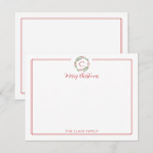 Monogram Christmas Wreath Red Border Stationery Card
