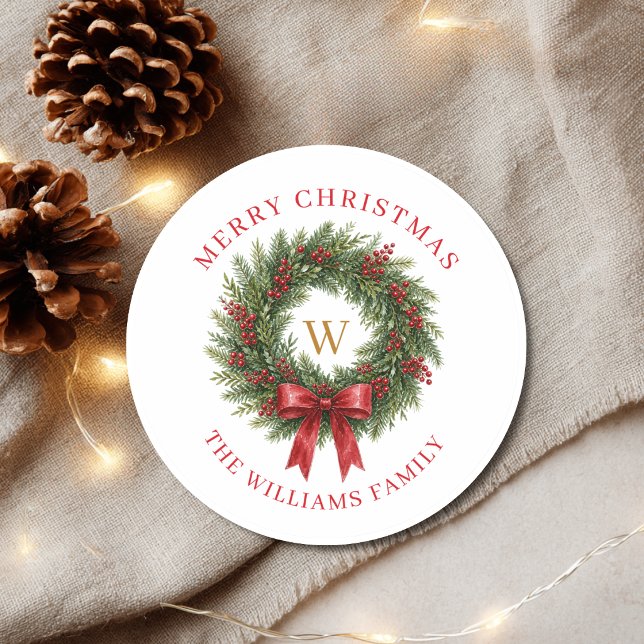 Monogram Christmas Wreath Red Bow Classic Round Sticker (Monogram Christmas Wreath Red Bow Classic Round Sticker)