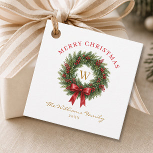 Monogram Christmas Wreath Red Bow Favour Tags