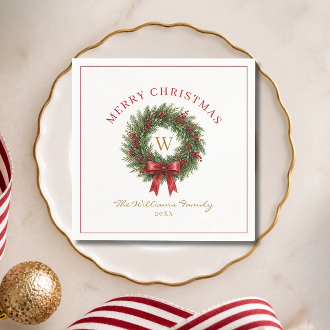 Monogram Christmas Wreath Red Bow Napkin (Monogram Christmas Wreath Red Bow Napkins)