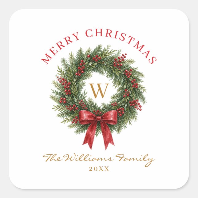 Monogram Christmas Wreath Red Bow Square Sticker (Front)