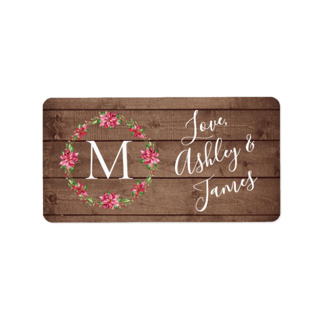 Monogram Christmas Wreath Script Barn Wood Gift  Label (Front)