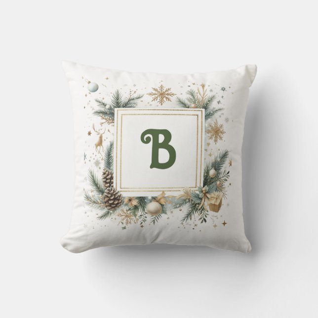 Monogram Christmas Wreath Throw Pillow (Front)