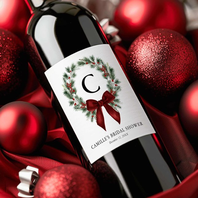 Monogram Christmas Wreath Wine Label (Christmas Monogram Wreath Bridal Shower Wine Label)