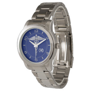 Monogram Chrome Style Medical Symbol on Navy Blue Watch