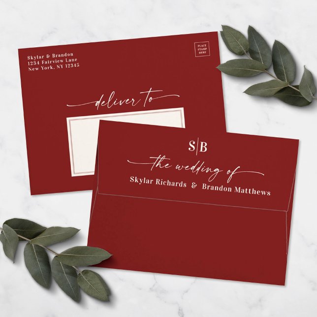 Monogram Cinnamon Red A7 5x7 Wedding Invitation Envelope (Creator Uploaded)