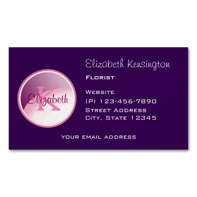 Monogram Circle on a Purple Background Magnetic Business Card (Front)